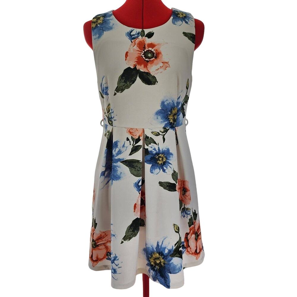I LOVE‎ JOAH White Floral Sleeveless Knee Length A Line Fit n Flare Dress Size S